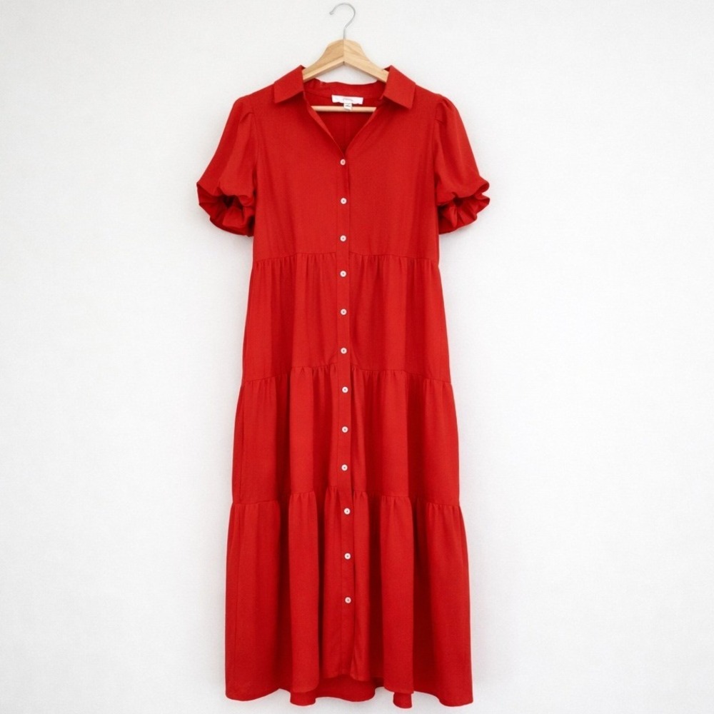CeCe Dark Orange Tiered Puff Sleeve Button‑Front Midi Dress Size Pet M Prairie